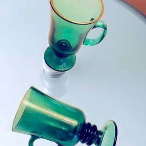 Vintage Green Glass Irish Coffee Mugs with Gold Rim